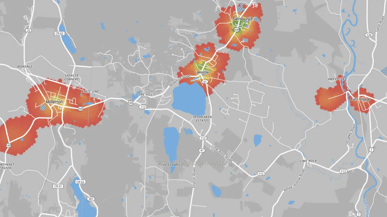 Walk Grade map of 06039, CT, walkable areas in green and car-dependent areas in red