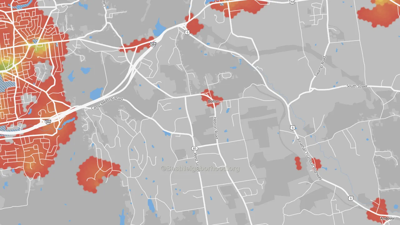 Walk Grade map of 06043, CT, walkable areas in green and car-dependent areas in red