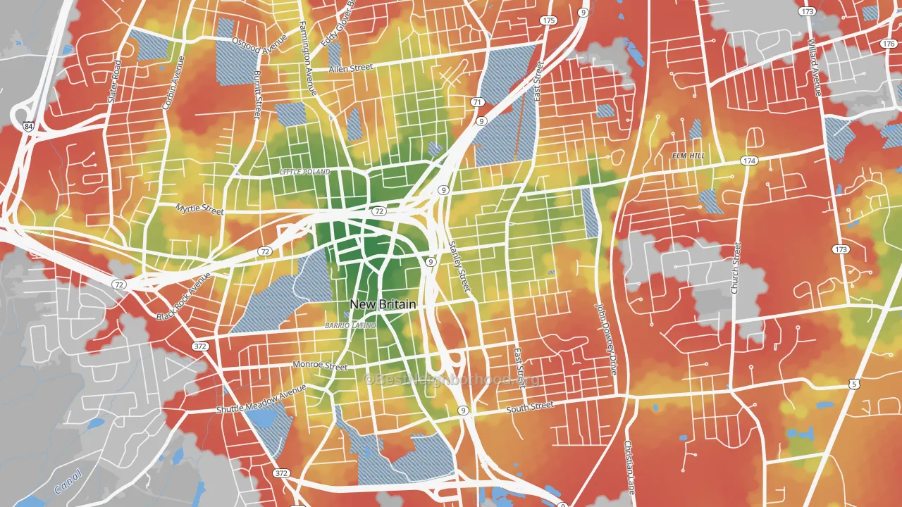 Walk Grade map of 06051, CT, walkable areas in green and car-dependent areas in red