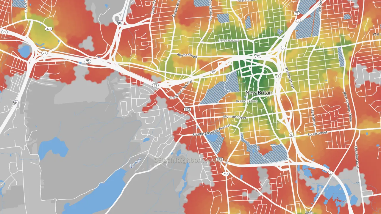 Walk Grade map of 06052, CT, walkable areas in green and car-dependent areas in red