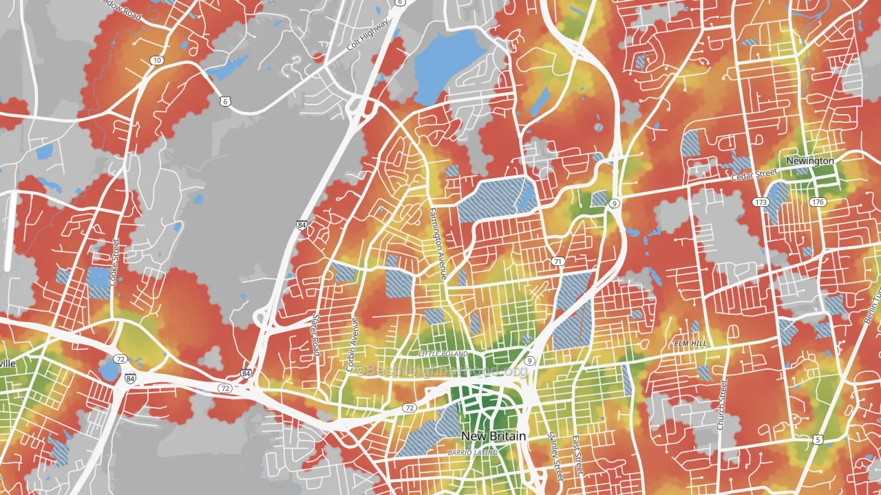 Walk Grade map of 06053, CT, walkable areas in green and car-dependent areas in red