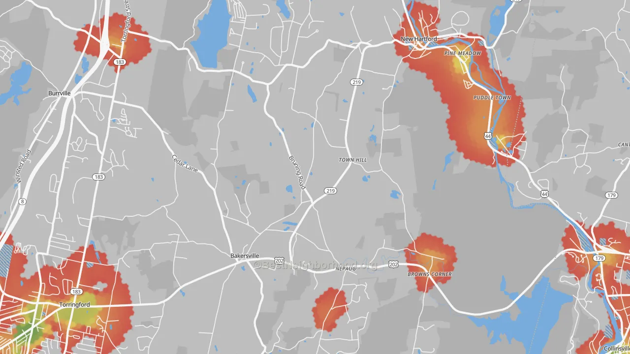 Walk Grade map of 06057, CT, walkable areas in green and car-dependent areas in red