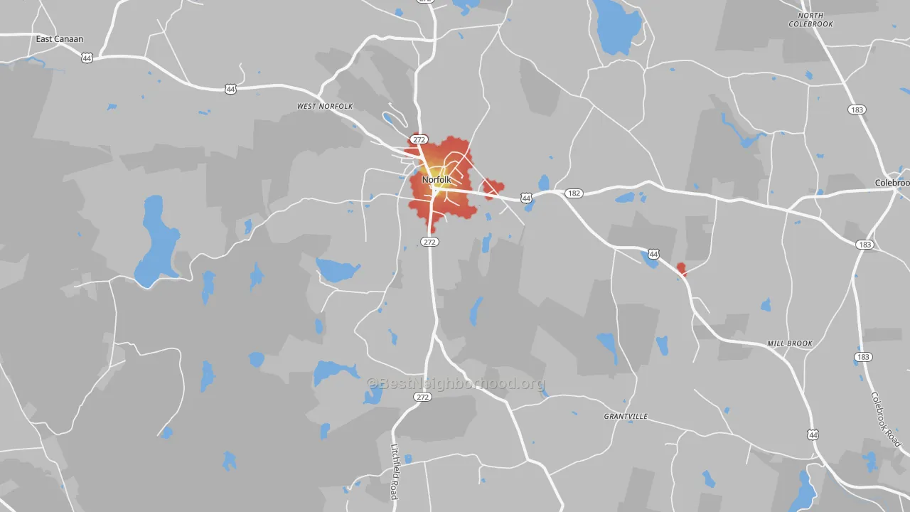 Walk Grade map of 06058, CT, walkable areas in green and car-dependent areas in red