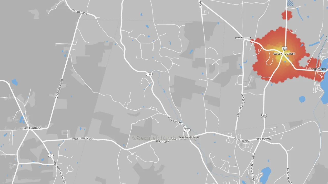 Walk Grade map of 06060, CT, walkable areas in green and car-dependent areas in red