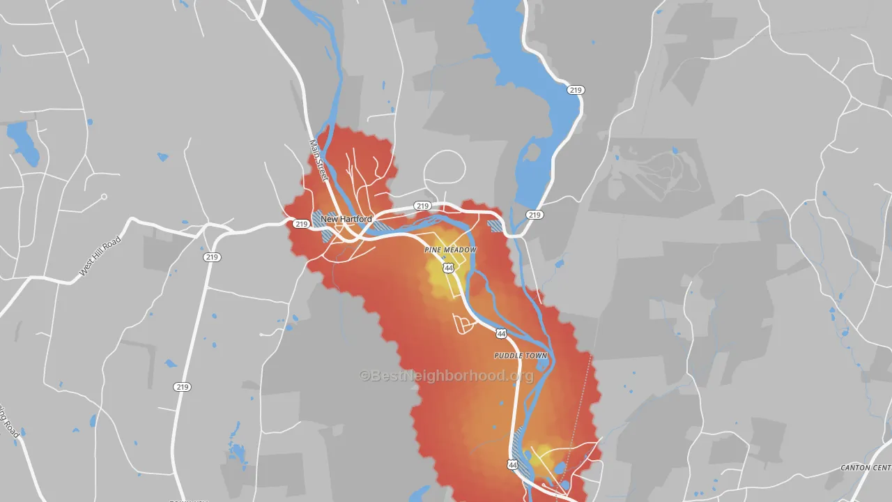 Walk Grade map of 06061, CT, walkable areas in green and car-dependent areas in red