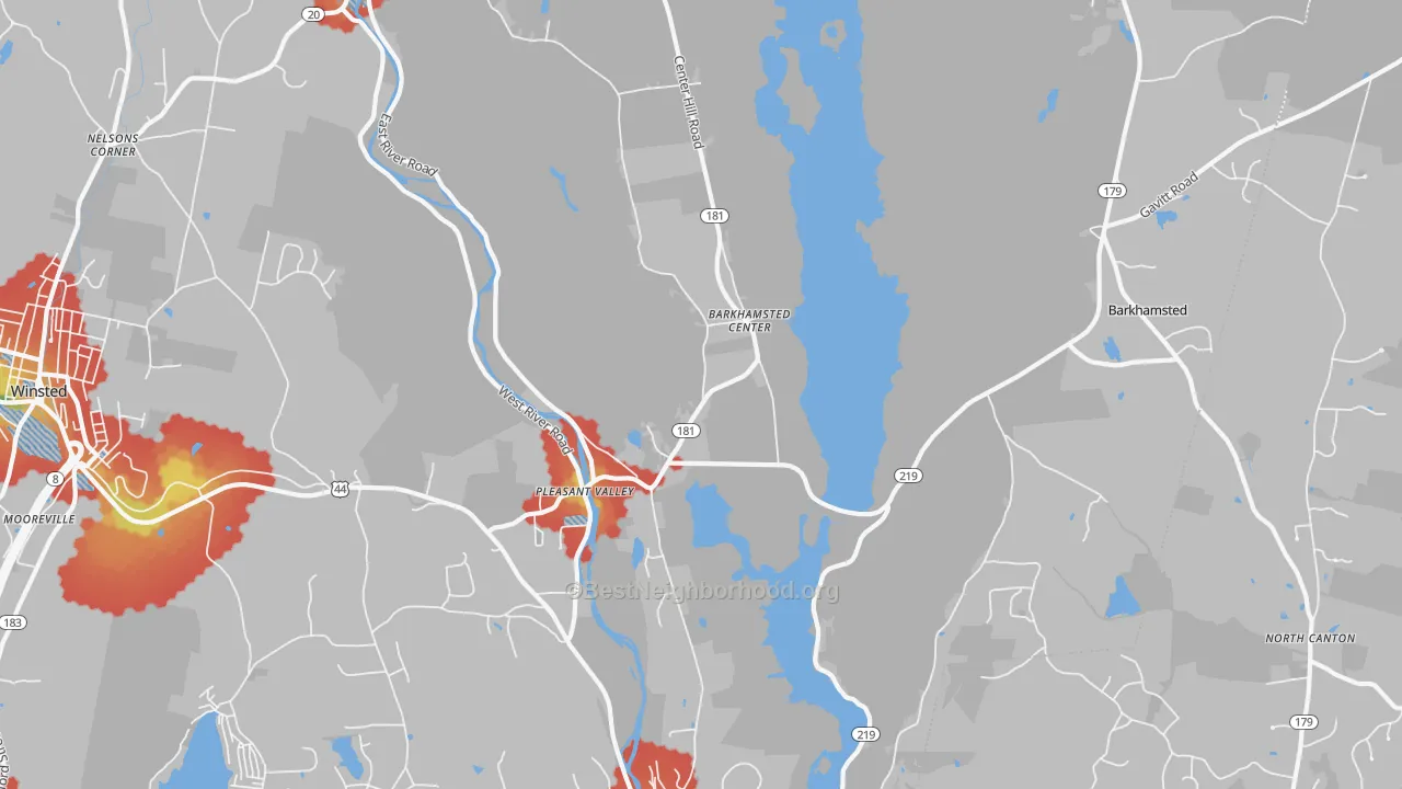 Walk Grade map of 06063, CT, walkable areas in green and car-dependent areas in red