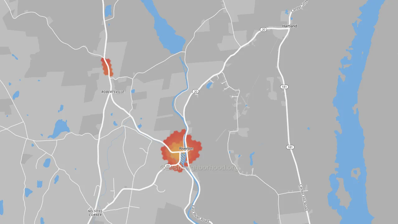 Walk Grade map of 06065, CT, walkable areas in green and car-dependent areas in red