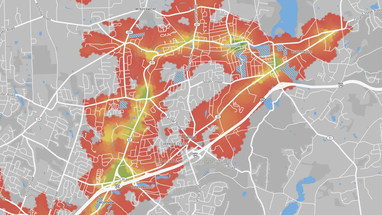 Walk Grade map of 06066, CT, walkable areas in green and car-dependent areas in red