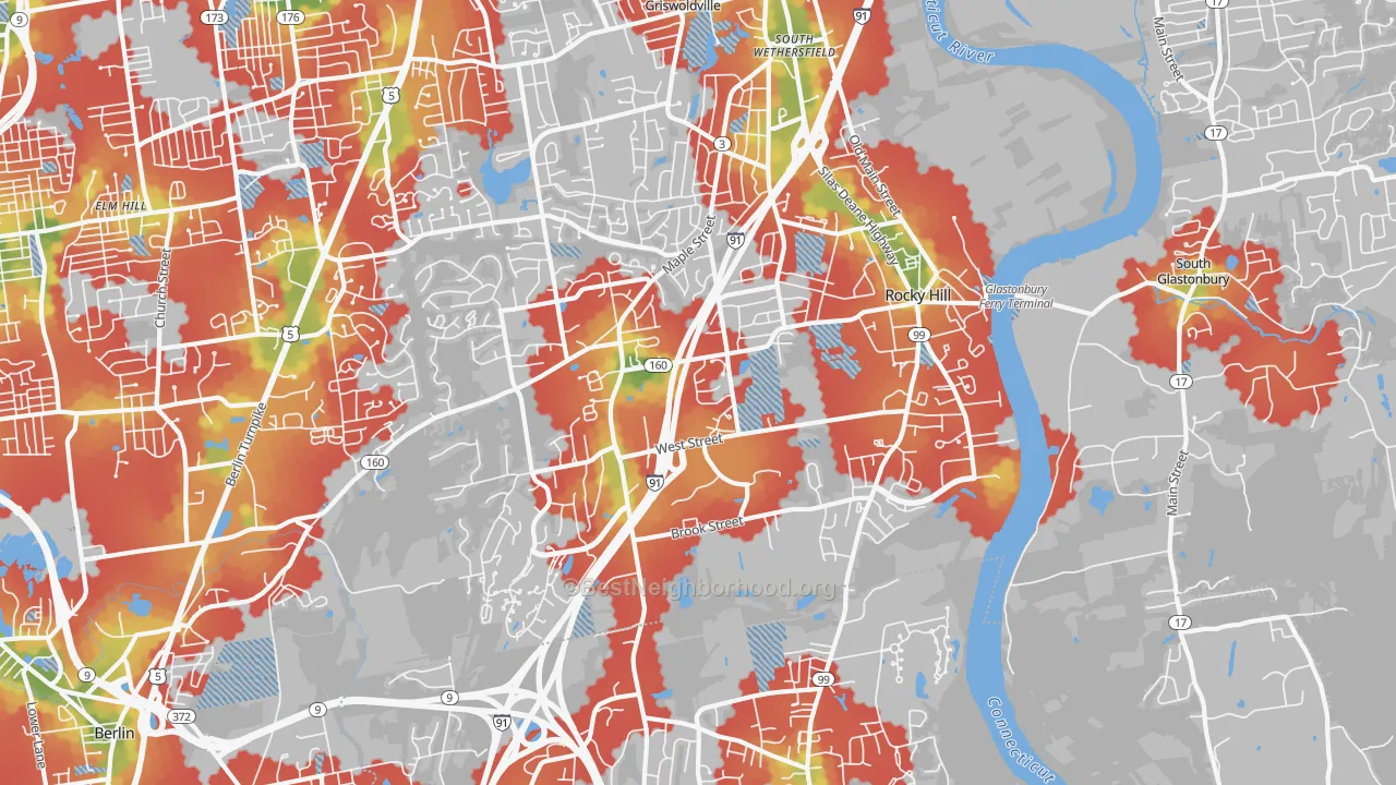 Walk Grade map of 06067, CT, walkable areas in green and car-dependent areas in red