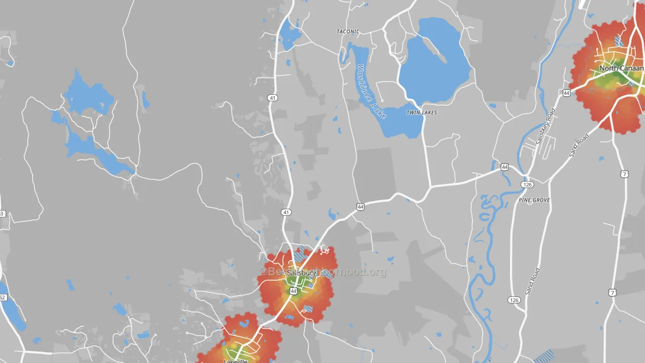 Walk Grade map of 06068, CT, walkable areas in green and car-dependent areas in red