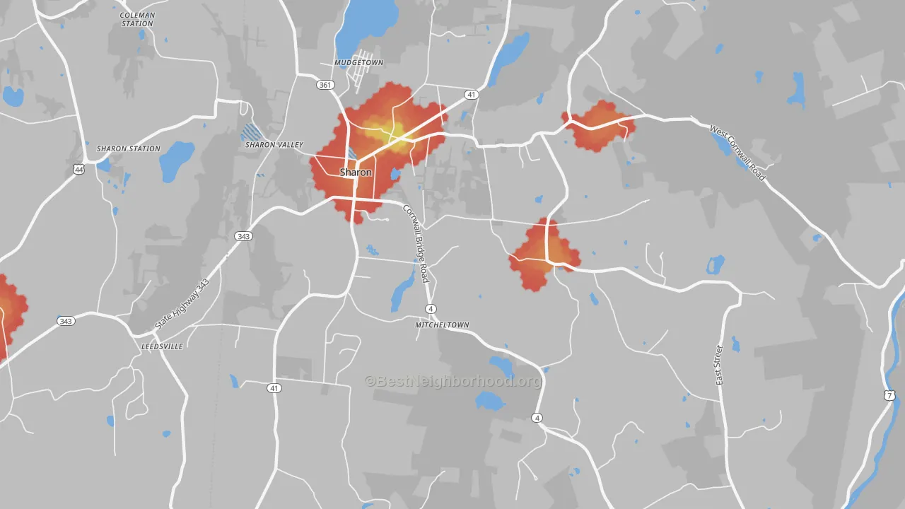Walk Grade map of 06069, CT, walkable areas in green and car-dependent areas in red