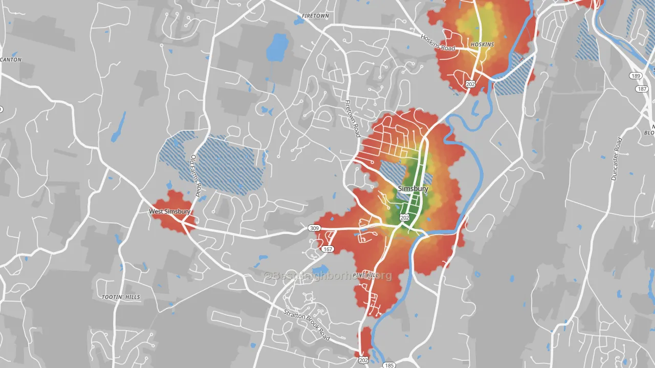 Walk Grade map of 06070, CT, walkable areas in green and car-dependent areas in red