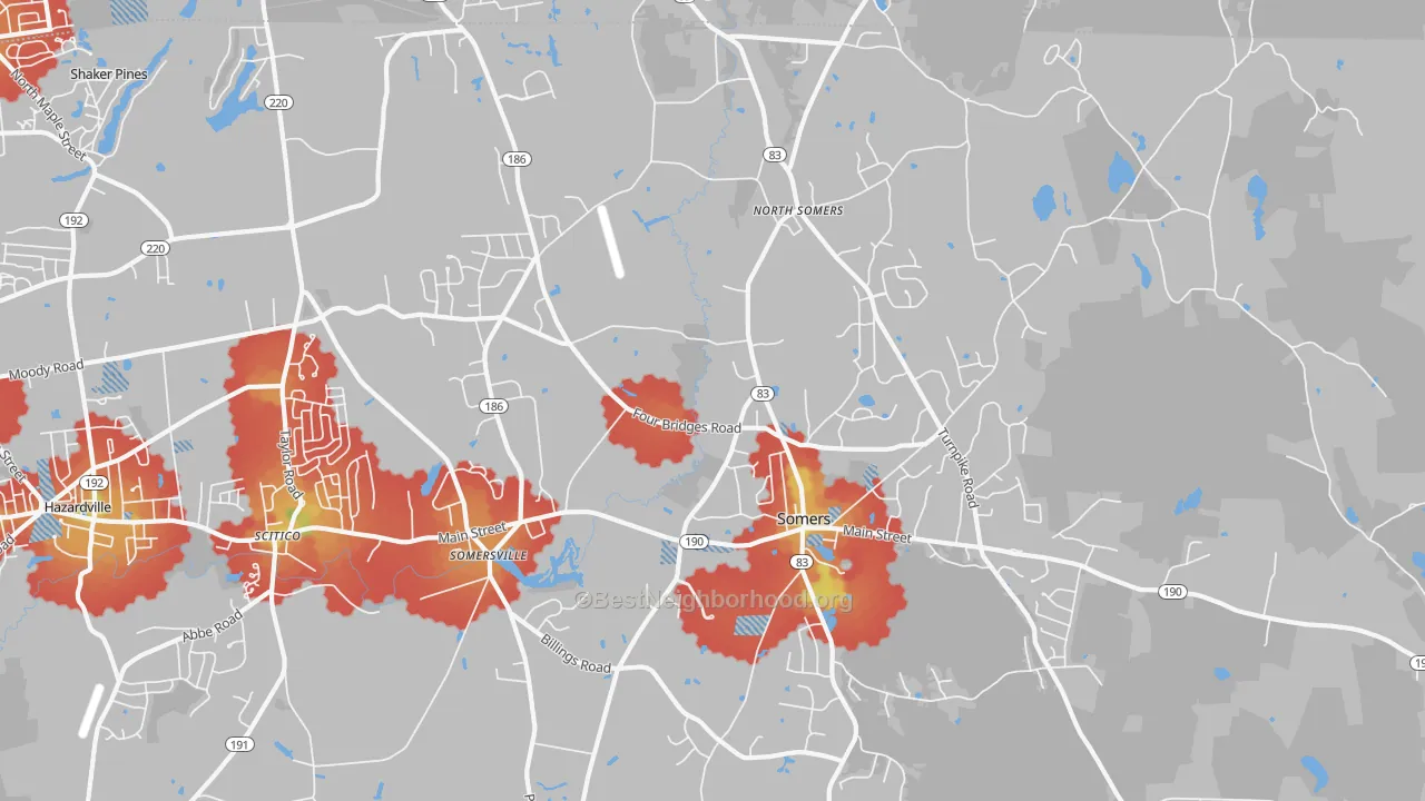 Walk Grade map of 06071, CT, walkable areas in green and car-dependent areas in red