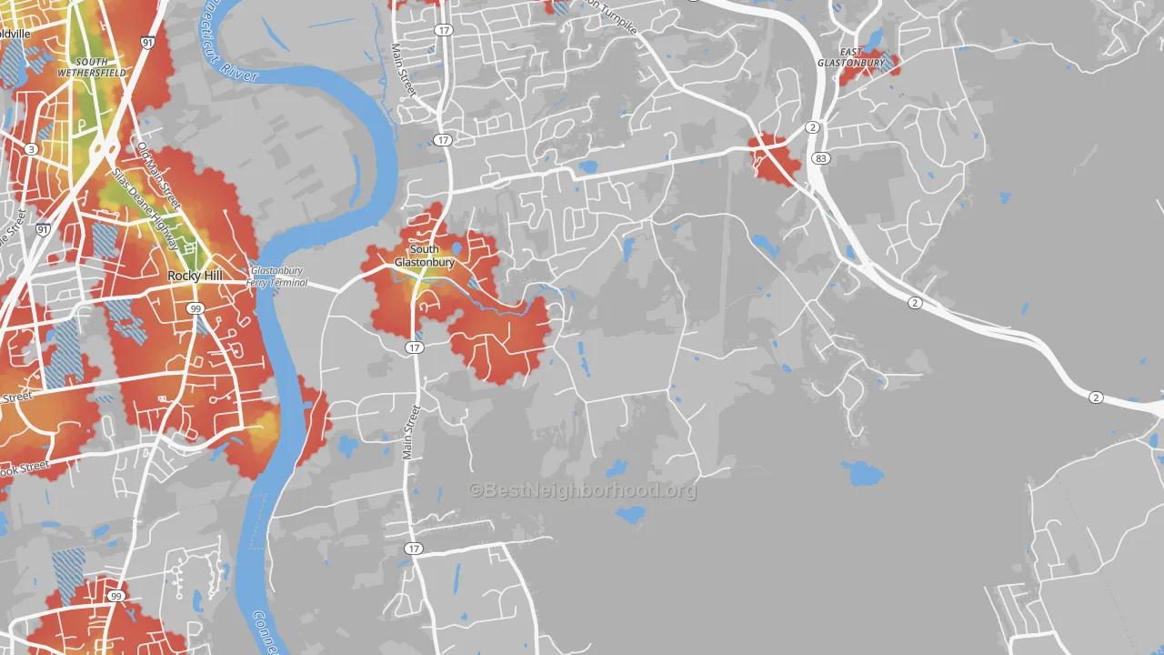 Walk Grade map of 06073, CT, walkable areas in green and car-dependent areas in red