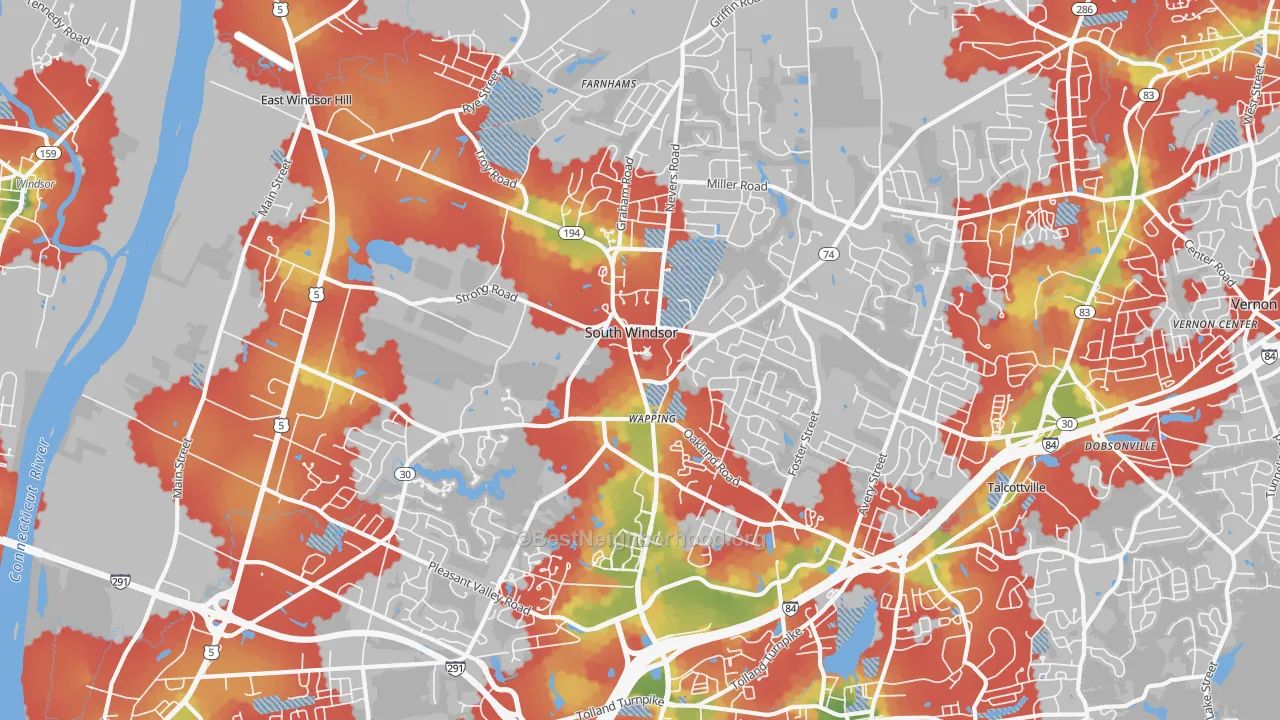 Walk Grade map of 06074, CT, walkable areas in green and car-dependent areas in red