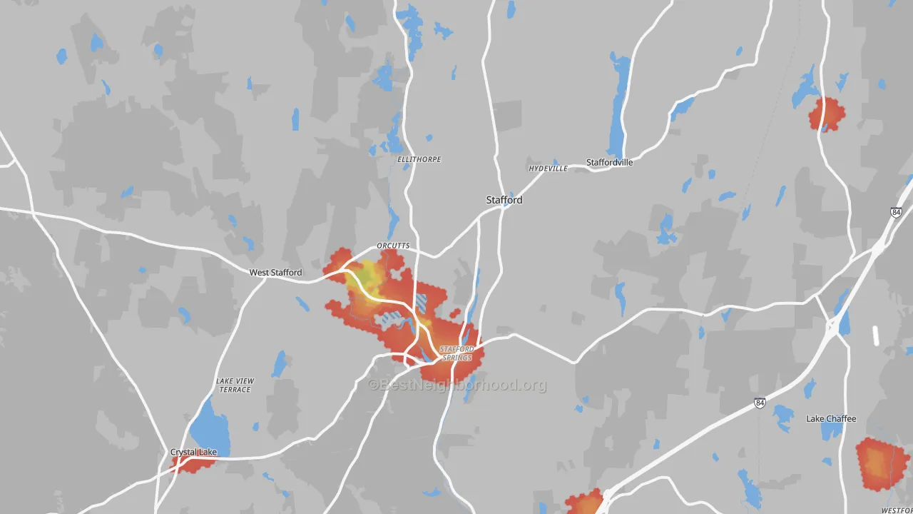 Walk Grade map of 06076, CT, walkable areas in green and car-dependent areas in red