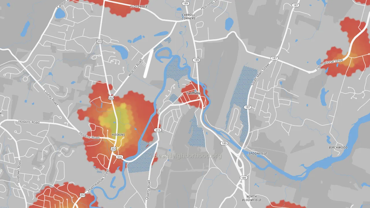 Walk Grade map of 06081, CT, walkable areas in green and car-dependent areas in red