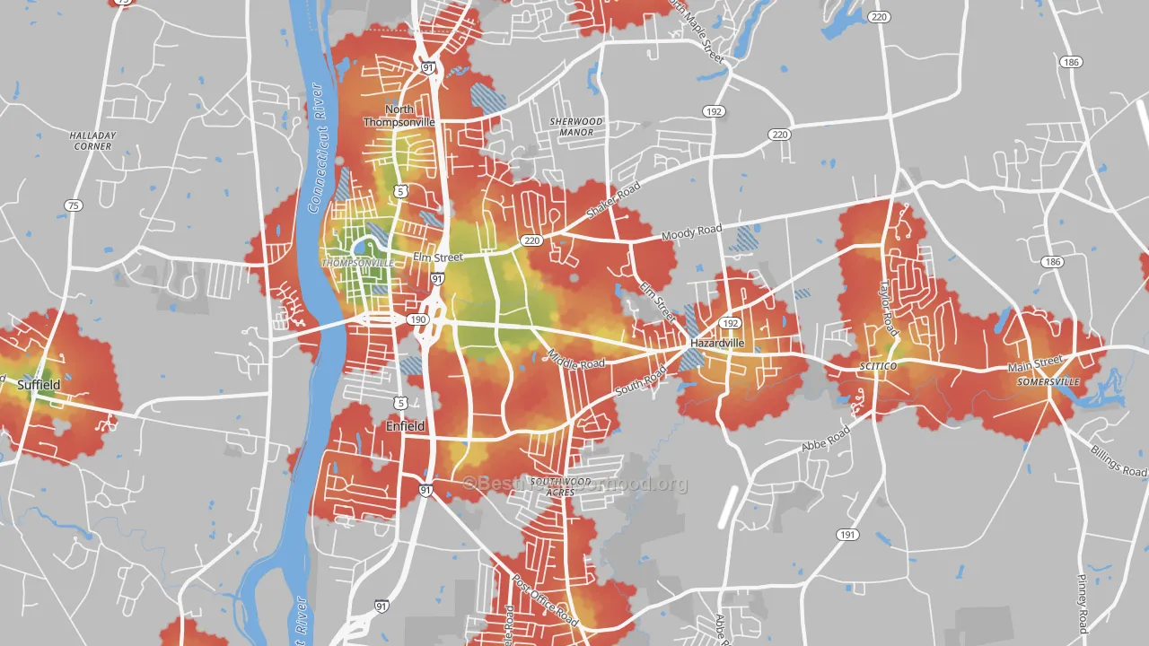 Walk Grade map of 06082, CT, walkable areas in green and car-dependent areas in red