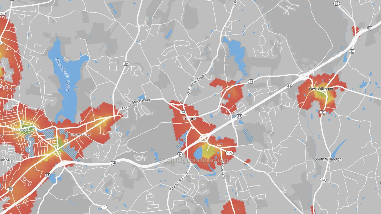 Walk Grade map of 06084, CT, walkable areas in green and car-dependent areas in red