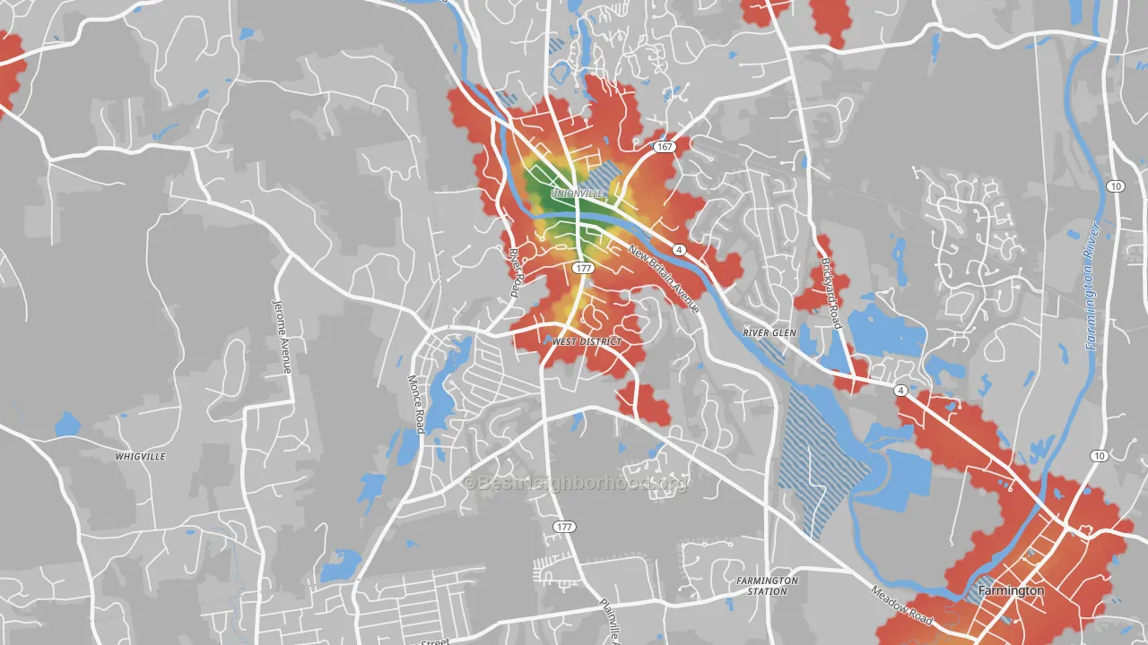 Walk Grade map of 06085, CT, walkable areas in green and car-dependent areas in red
