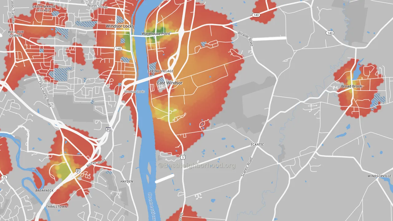 Walk Grade map of 06088, CT, walkable areas in green and car-dependent areas in red