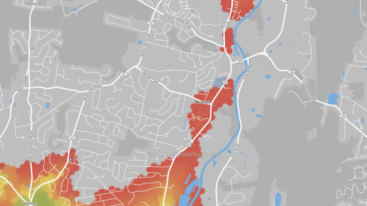 Walk Grade map of 06089, CT, walkable areas in green and car-dependent areas in red