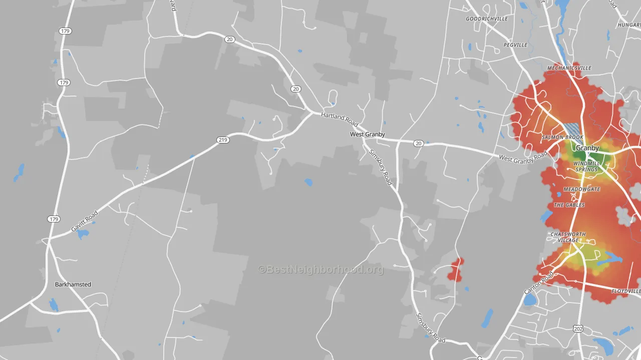 Walk Grade map of 06090, CT, walkable areas in green and car-dependent areas in red