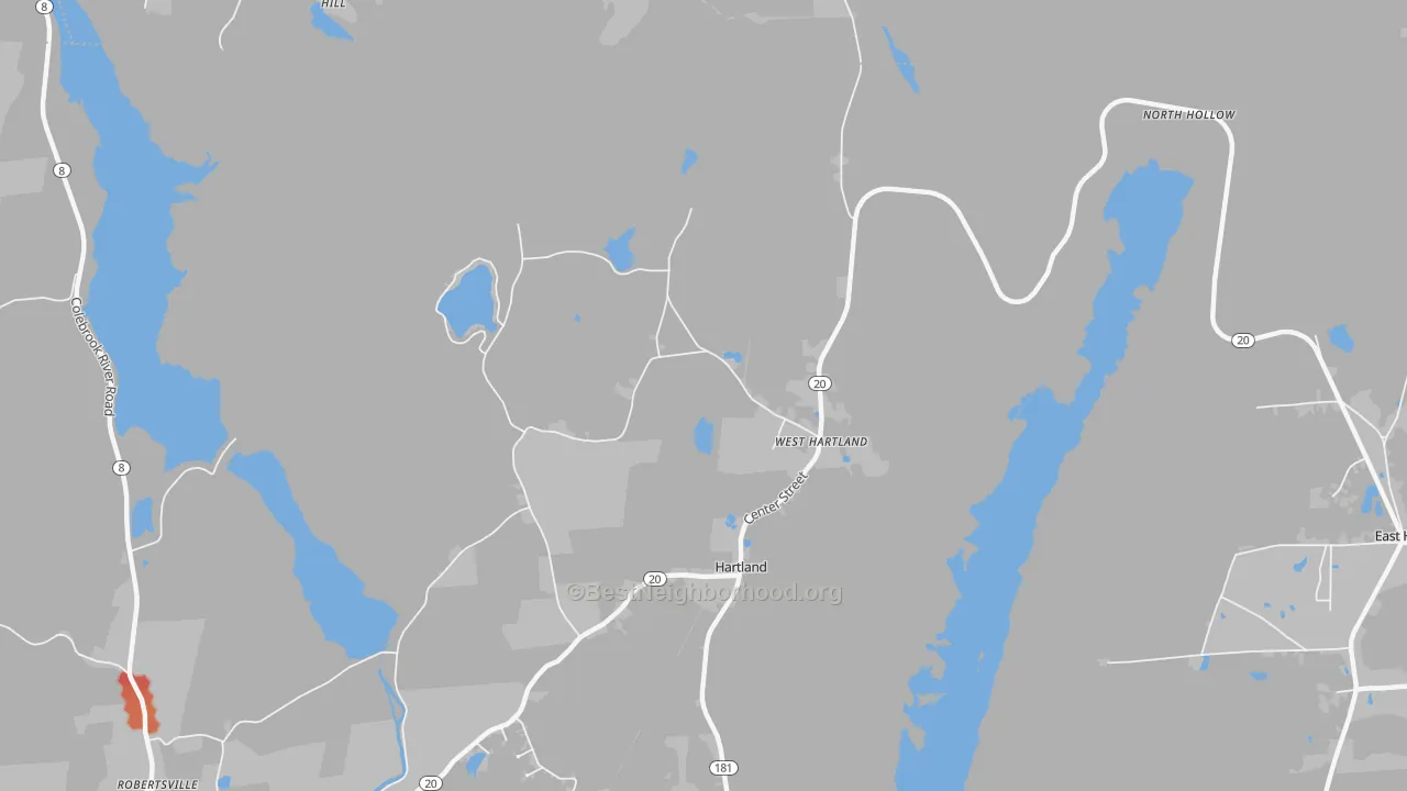 Walk Grade map of 06091, CT, walkable areas in green and car-dependent areas in red