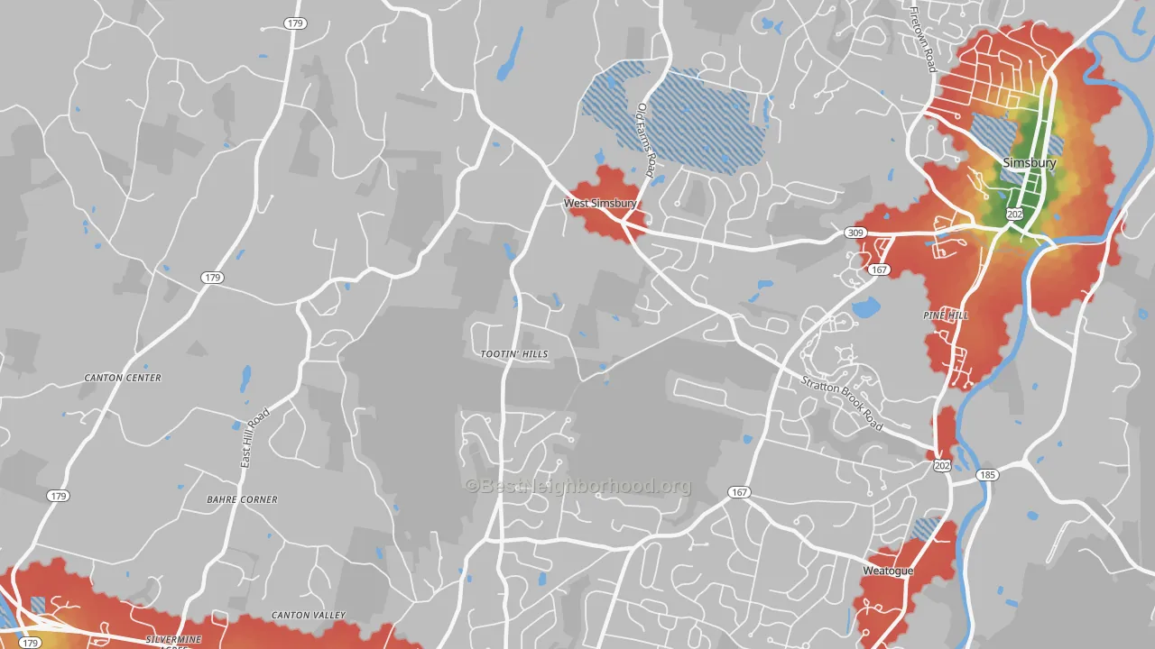 Walk Grade map of 06092, CT, walkable areas in green and car-dependent areas in red