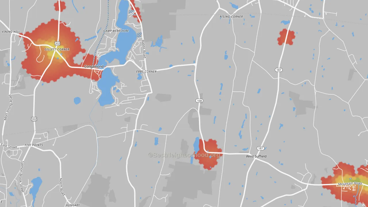 Walk Grade map of 06093, CT, walkable areas in green and car-dependent areas in red