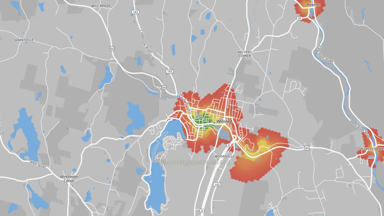 Walk Grade map of 06098, CT, walkable areas in green and car-dependent areas in red