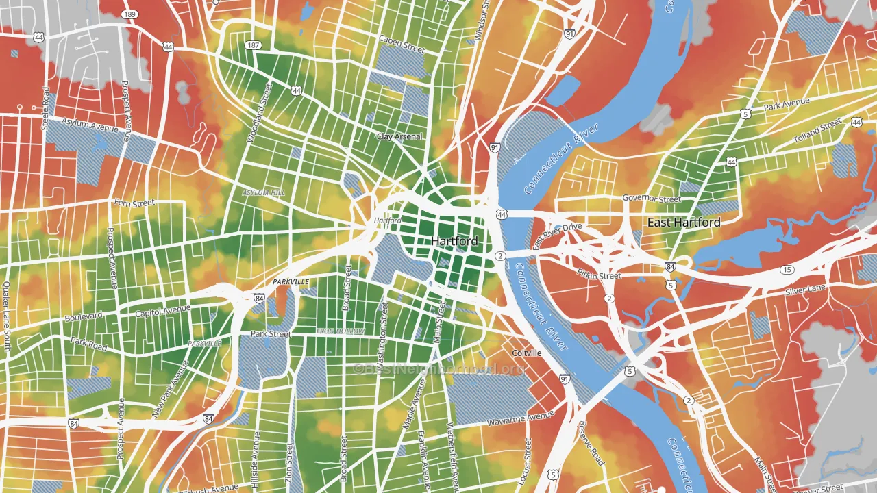 Walk Grade map of 06103, CT, walkable areas in green and car-dependent areas in red