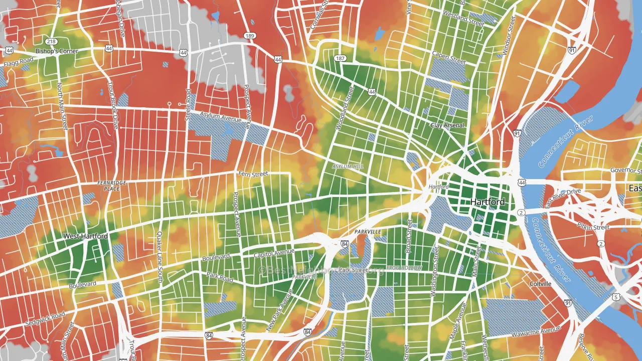 Walk Grade map of 06105, CT, walkable areas in green and car-dependent areas in red