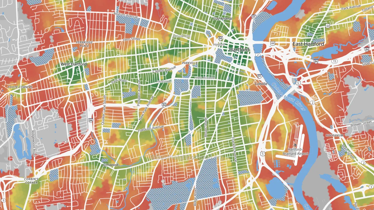Walk Grade map of 06106, CT, walkable areas in green and car-dependent areas in red