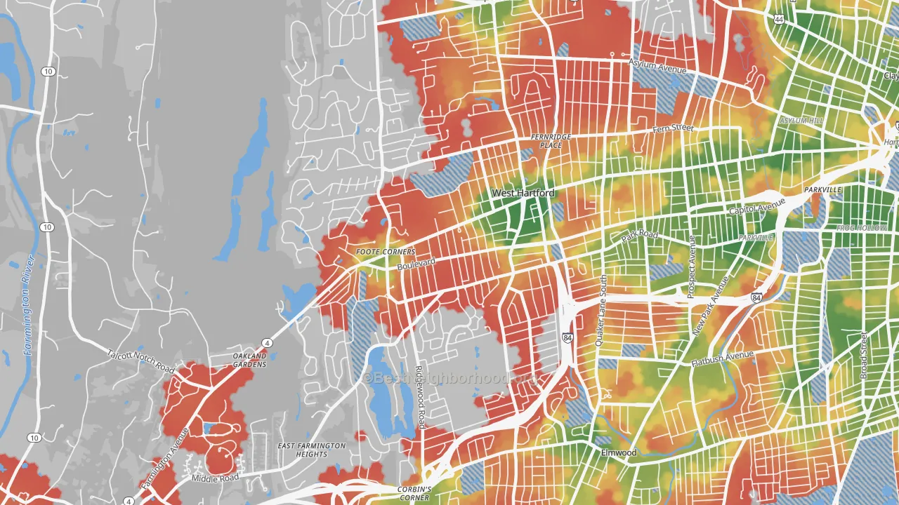 Walk Grade map of 06107, CT, walkable areas in green and car-dependent areas in red