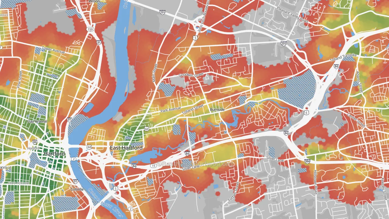 Walk Grade map of 06108, CT, walkable areas in green and car-dependent areas in red
