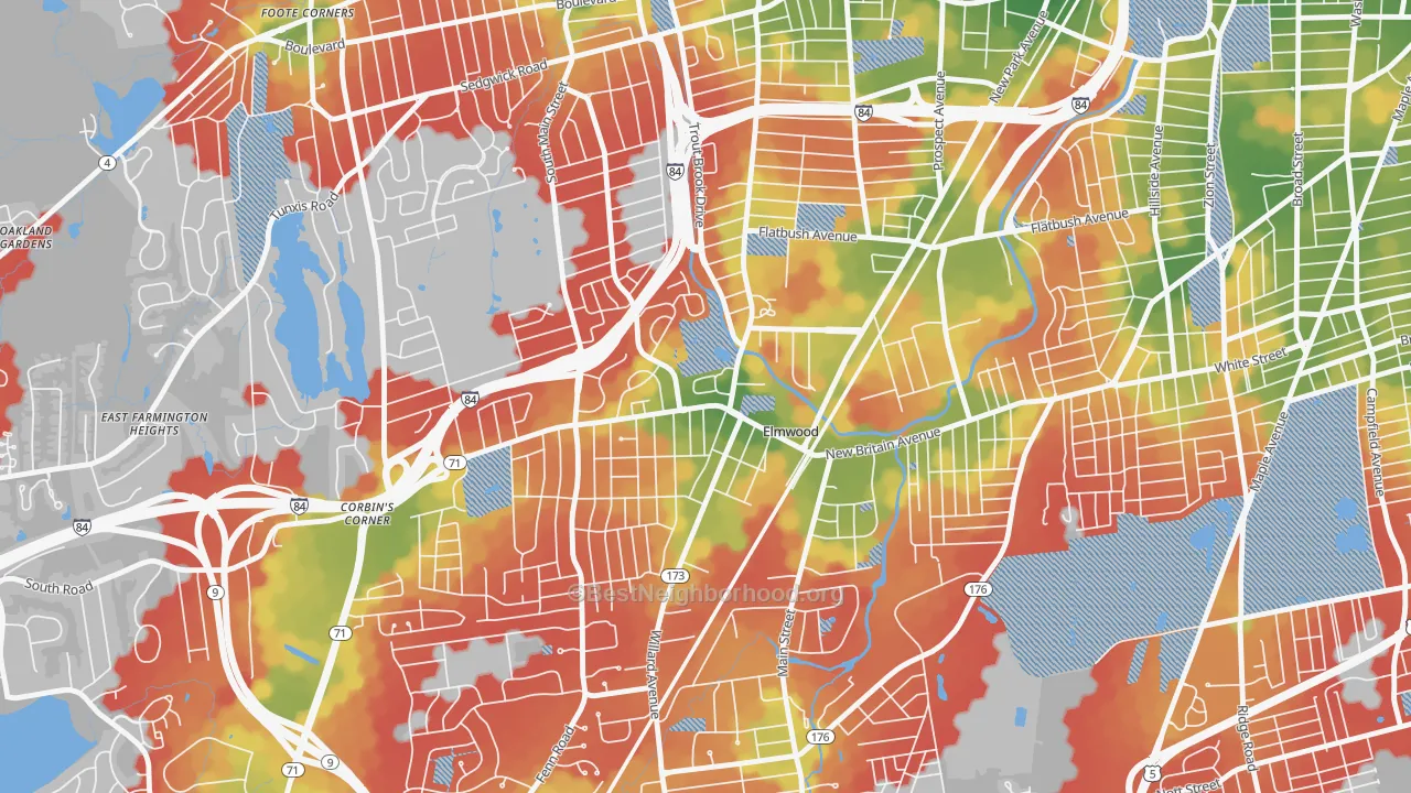 Walk Grade map of 06110, CT, walkable areas in green and car-dependent areas in red
