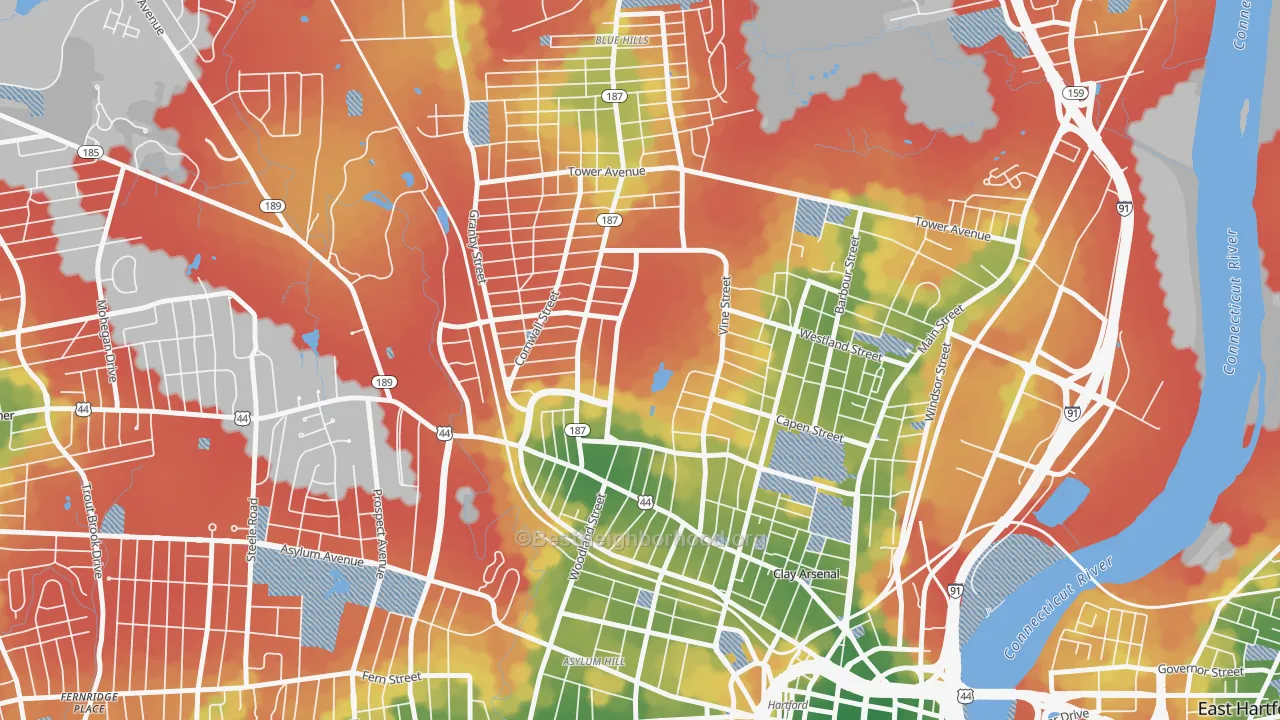 Walk Grade map of 06112, CT, walkable areas in green and car-dependent areas in red
