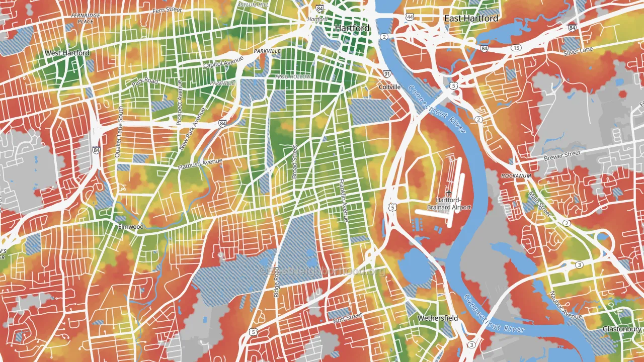 Walk Grade map of 06114, CT, walkable areas in green and car-dependent areas in red