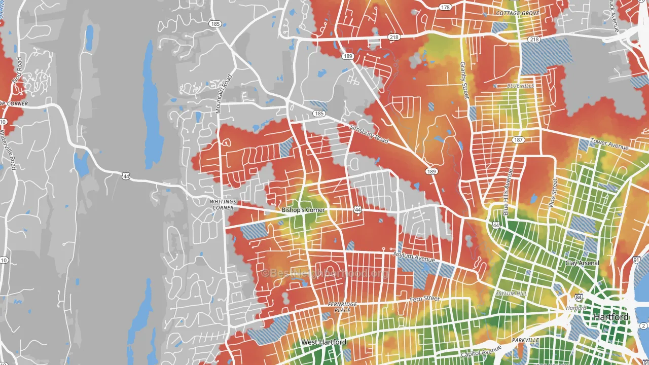 Walk Grade map of 06117, CT, walkable areas in green and car-dependent areas in red