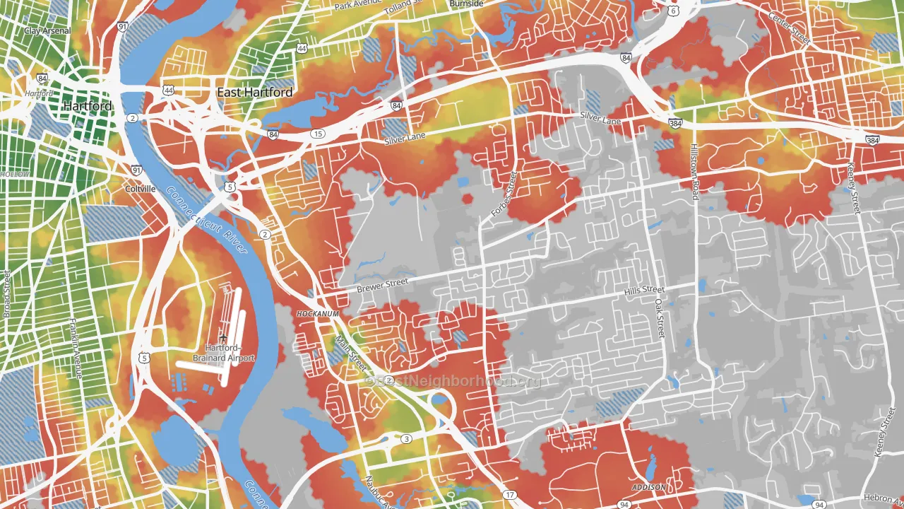 Walk Grade map of 06118, CT, walkable areas in green and car-dependent areas in red