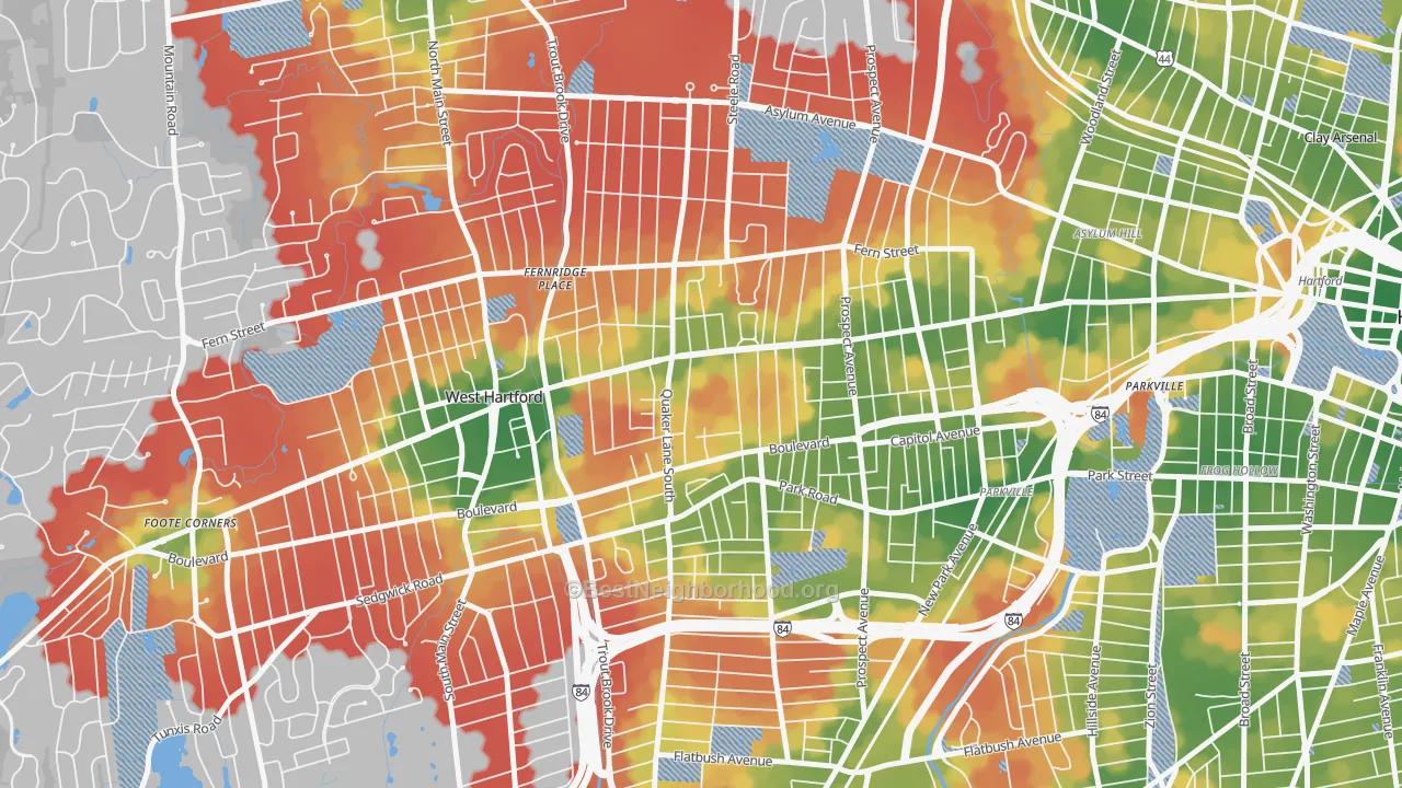Walk Grade map of 06119, CT, walkable areas in green and car-dependent areas in red