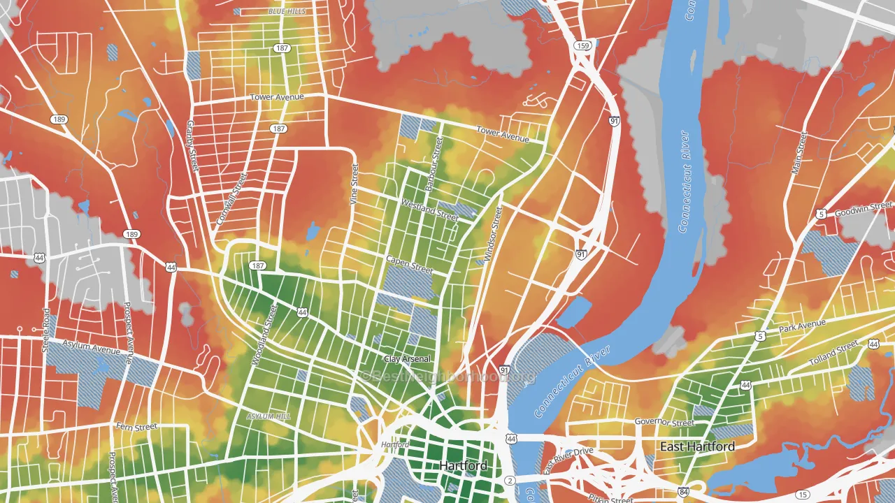 Walk Grade map of 06120, CT, walkable areas in green and car-dependent areas in red