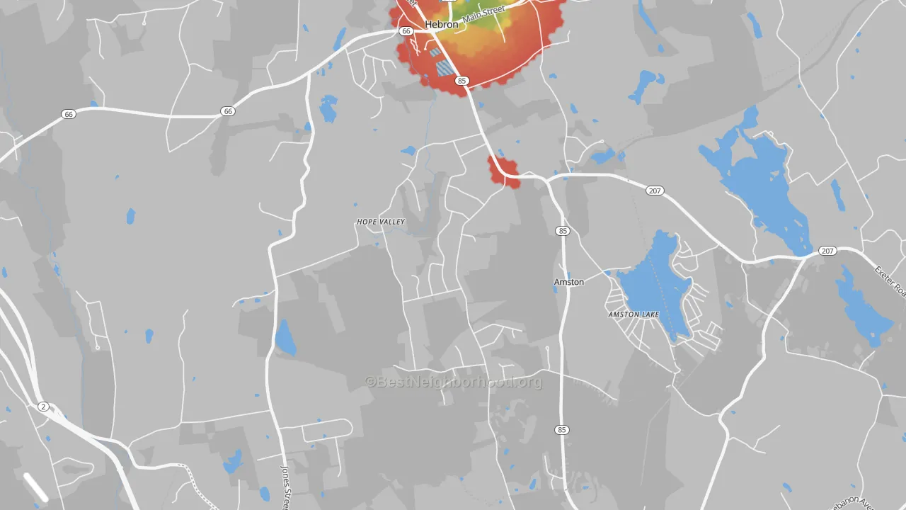 Walk Grade map of 06231, CT, walkable areas in green and car-dependent areas in red