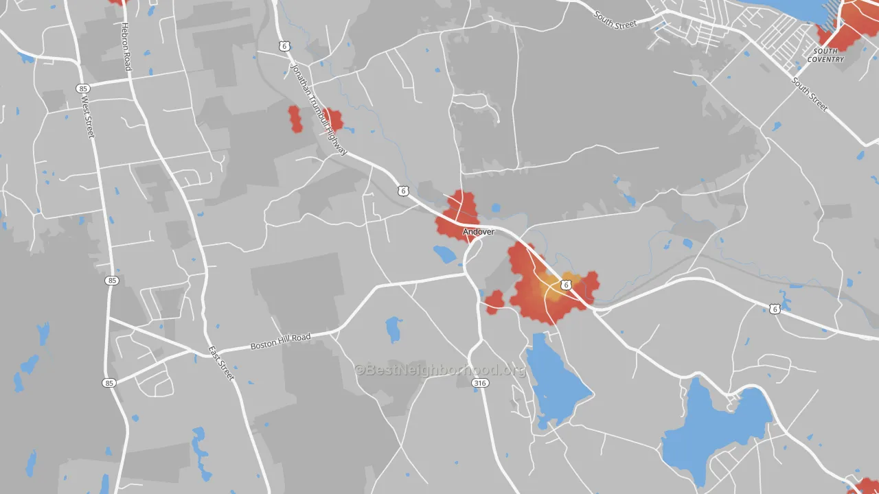 Walk Grade map of 06232, CT, walkable areas in green and car-dependent areas in red