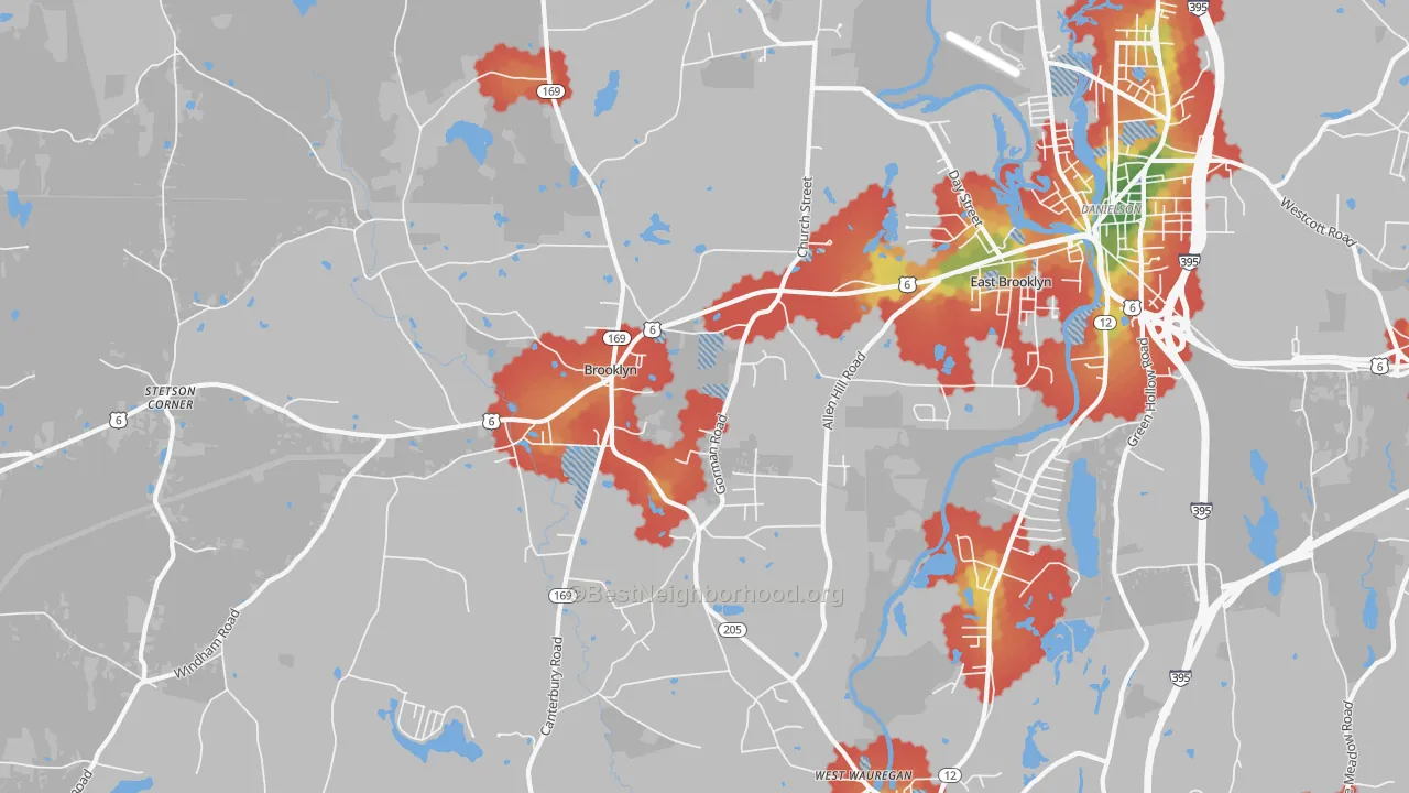 Walk Grade map of 06234, CT, walkable areas in green and car-dependent areas in red