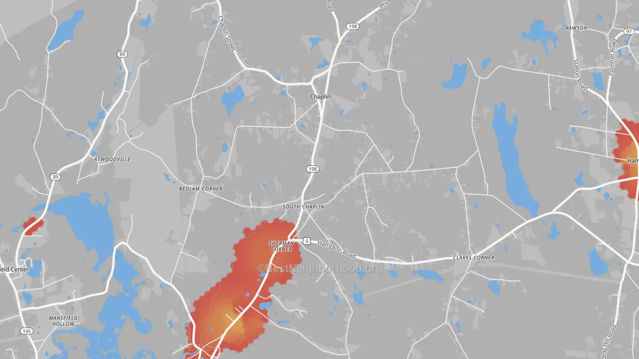 Walk Grade map of 06235, CT, walkable areas in green and car-dependent areas in red