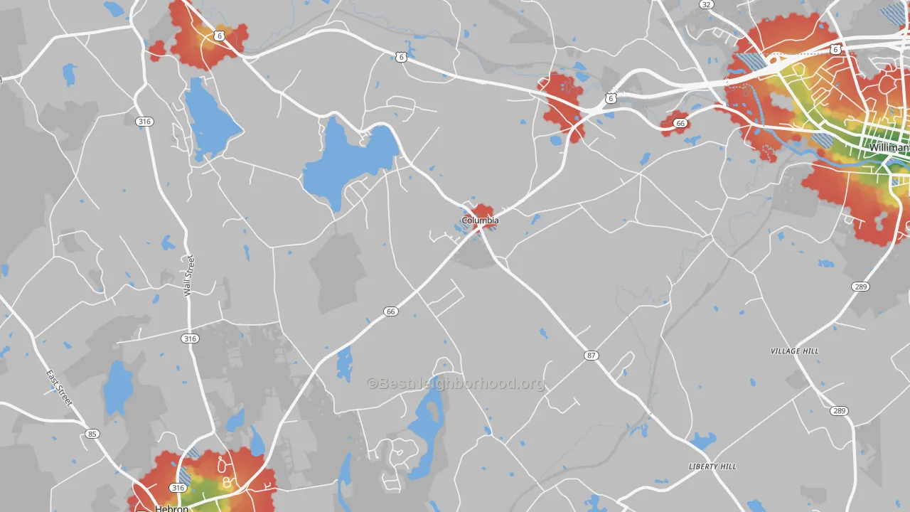Walk Grade map of 06237, CT, walkable areas in green and car-dependent areas in red