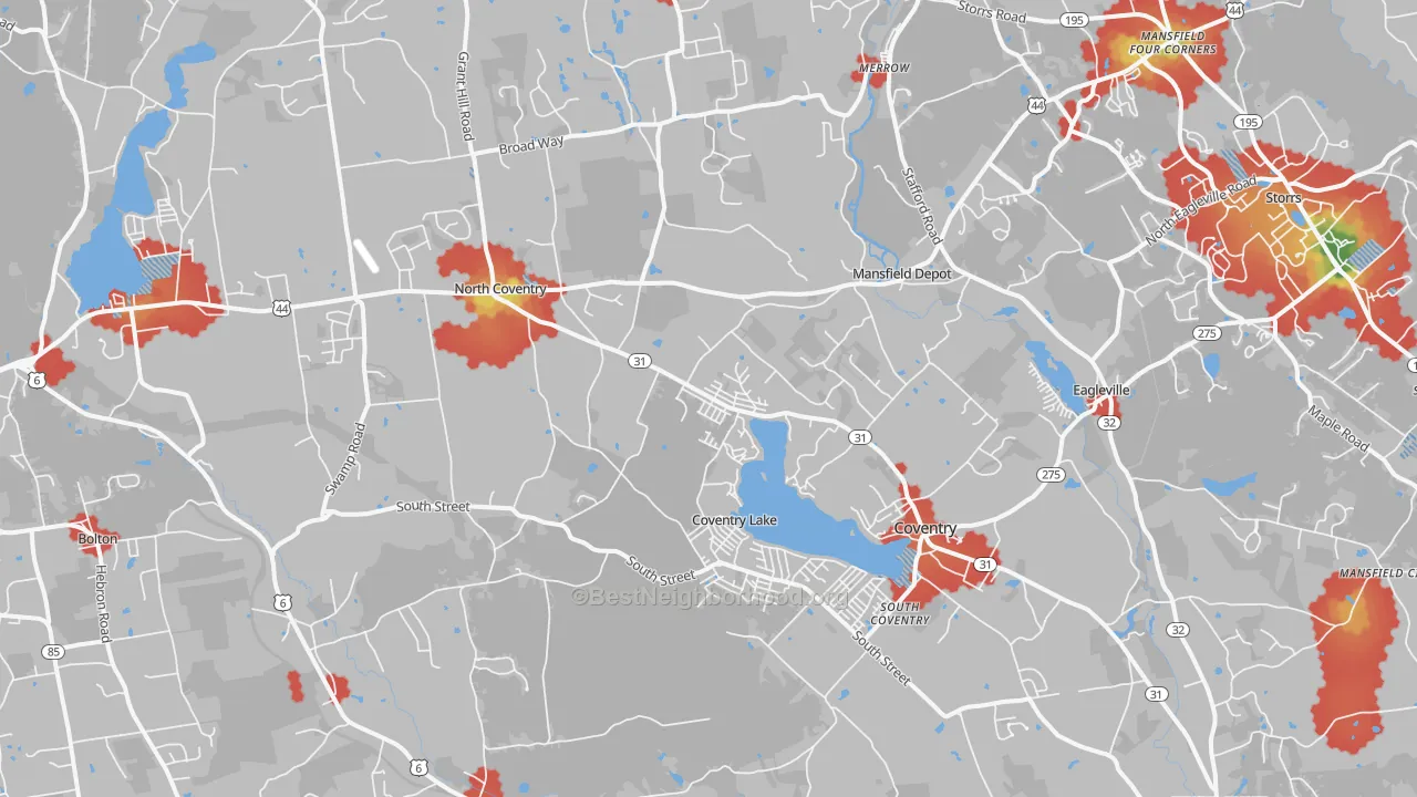 Walk Grade map of 06238, CT, walkable areas in green and car-dependent areas in red