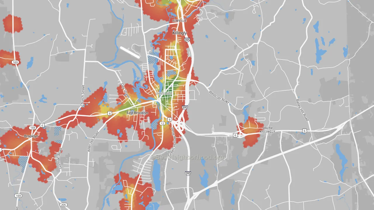 Walk Grade map of 06239, CT, walkable areas in green and car-dependent areas in red